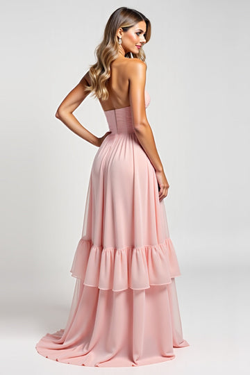 A Line Strapless Ruffles Blush Chiffon Long Bridesmaid Dress
